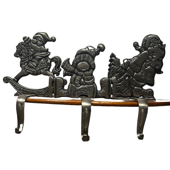 Christmas Stocking Hanger Lot 3 Heavy Metal Mantel‎ Holder Hooks Santa Claus Set - Picture 1 of 4
